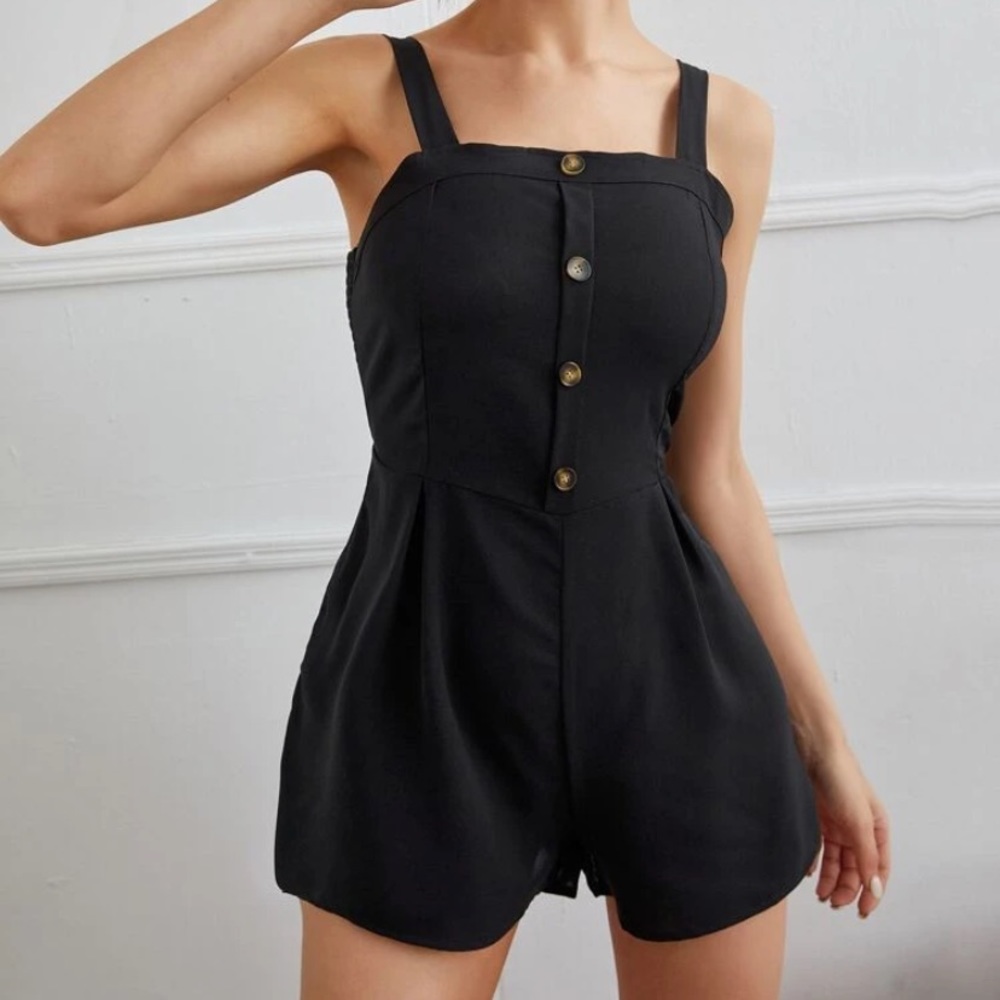 Solid Shirred Black Cami Romper